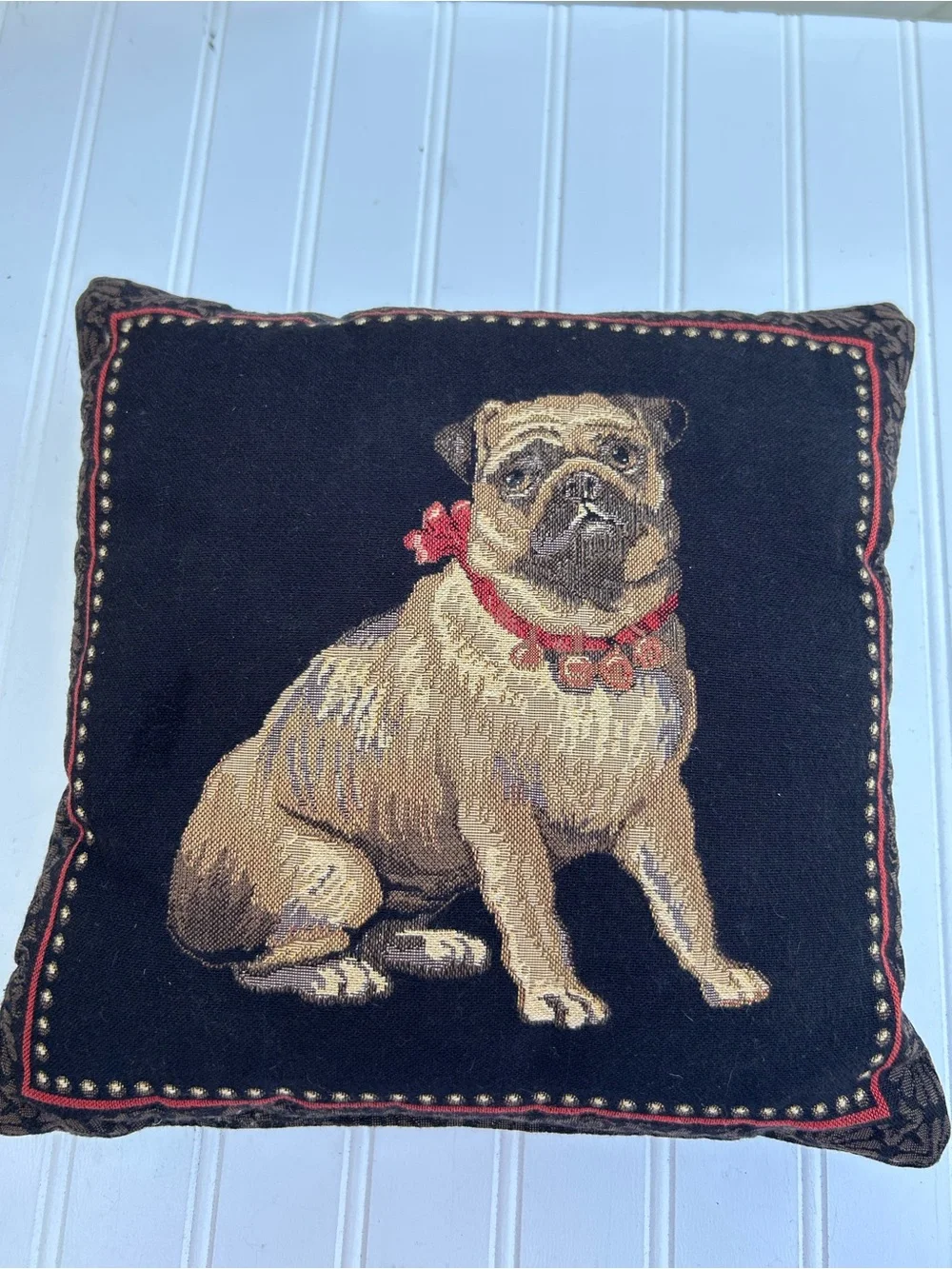Vintage Pillow Tapestry Pug Dog Throw Black Tan Regal Double Sided Accent 11x11